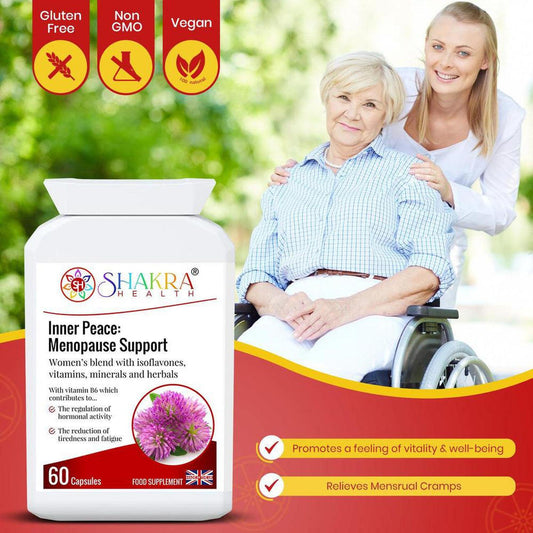 White bottle of Inner Peace menopause supplement with a flower label, next to a smiling woman and her caregiver.
