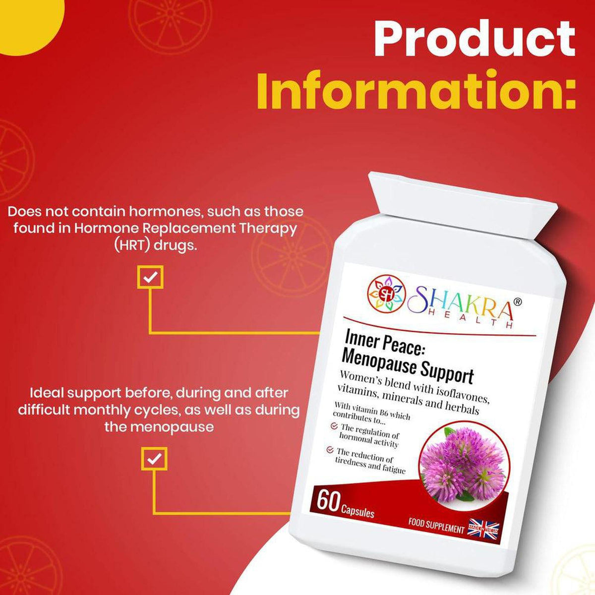 White bottle of Inner Peace Menopause Support capsules on a red background with text detailing hormone-free benefits.