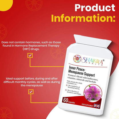 White bottle of Inner Peace Menopause Support capsules on a red background with text detailing hormone-free benefits.