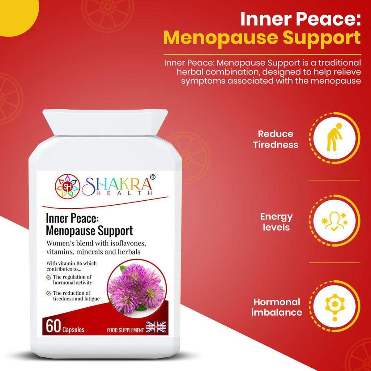 White supplement bottle of Inner Peace Menopause Support with red branding, 60 capsules, and herbal ingredient icons.