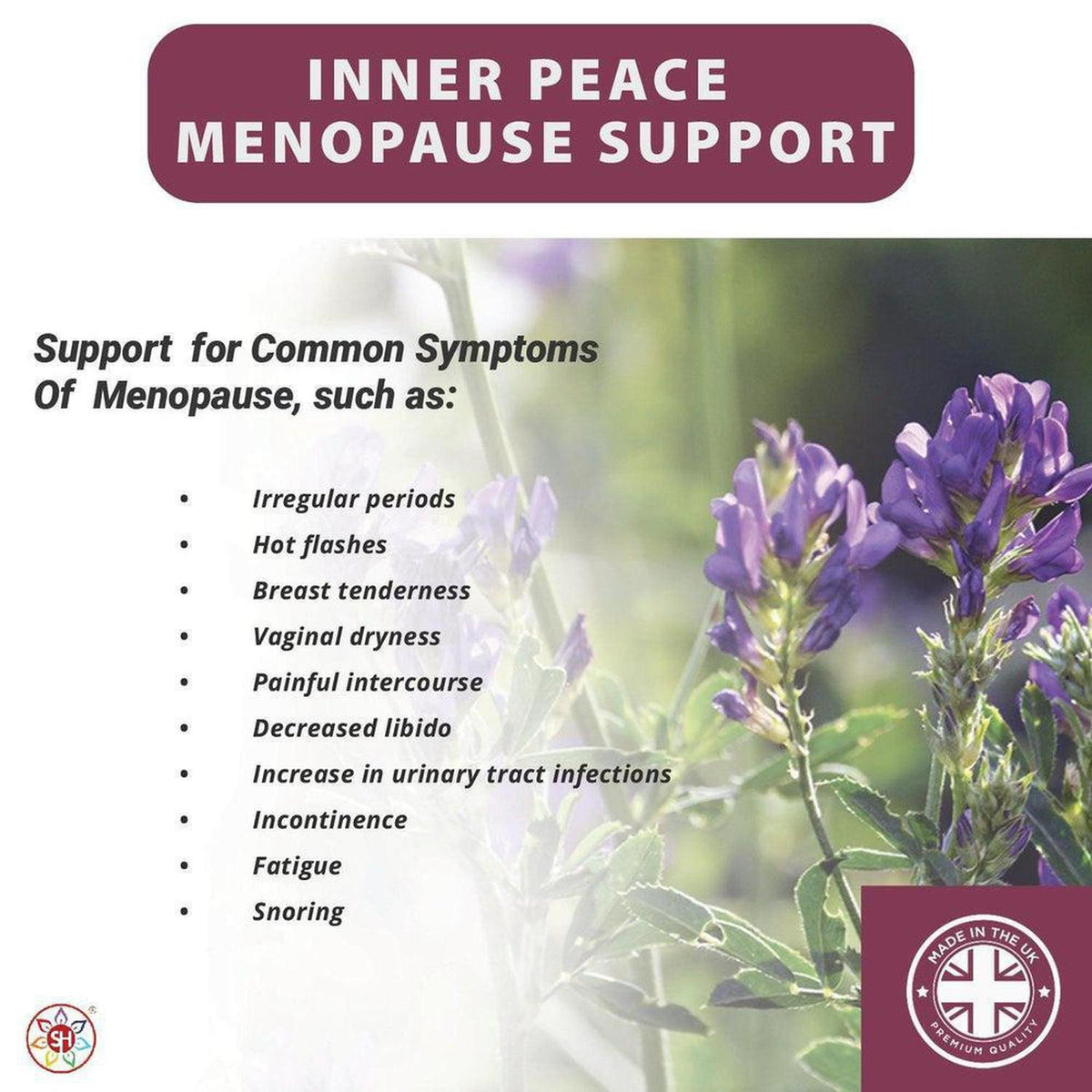 Inner Peace Menopause Support infographic with purple flowers, symptom list, and Made in the UK badge.