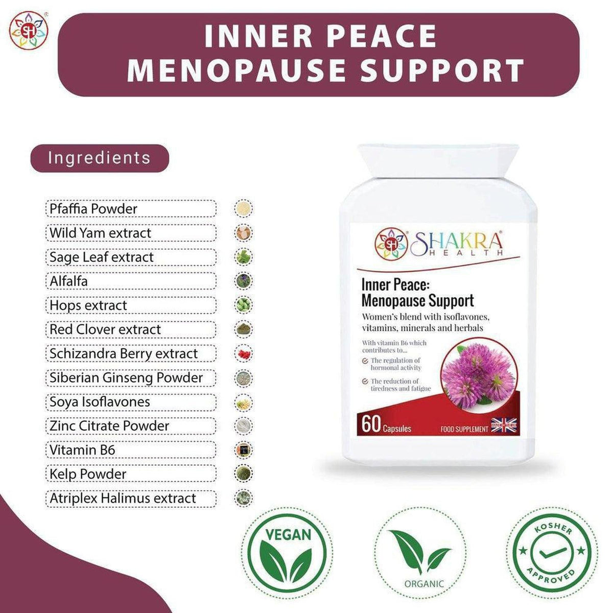 Inner Peace Menopause Support supplement bottle with a list of natural herbal ingredients and vegan, organic, kosher icons.