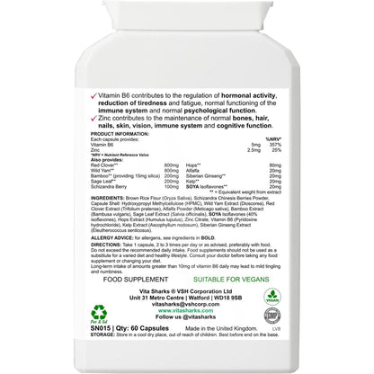 White plastic supplement bottle label showing ingredients, dosage instructions, and vegan certification icons.