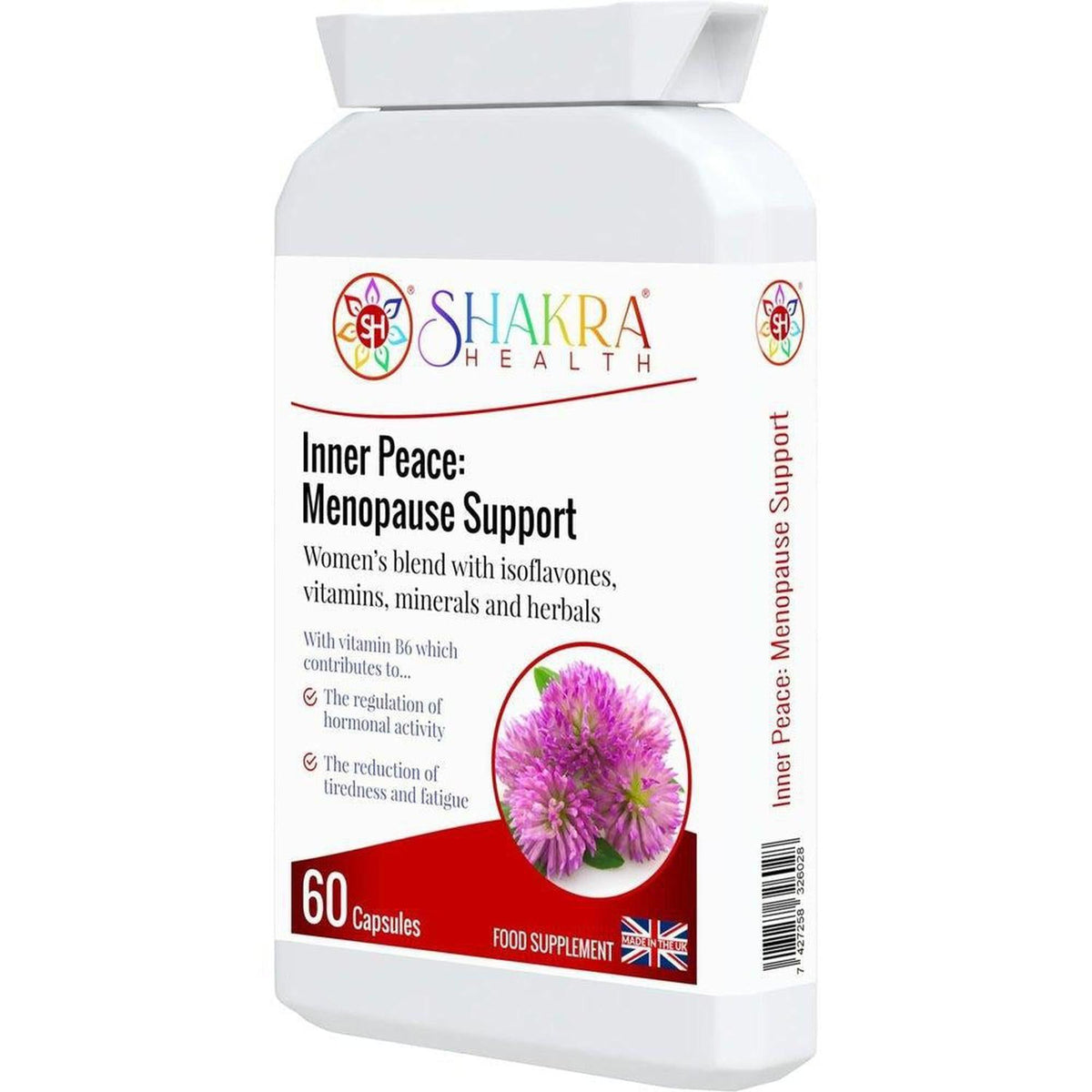 White bottle of Shakra Health Inner Peace menopause support capsules with a pink clover flower graphic.