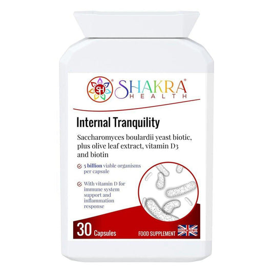 White bottle of Shakra Health Internal Tranquility probiotic capsules with red and white label detailing 30 capsules.