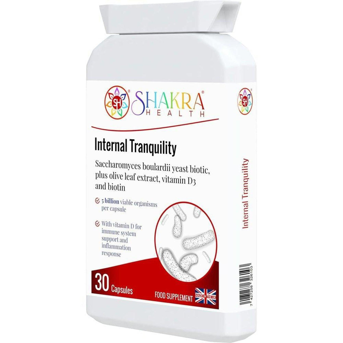 White plastic bottle of Shakra Health Internal Tranquility probiotic capsules with a red and white label.
