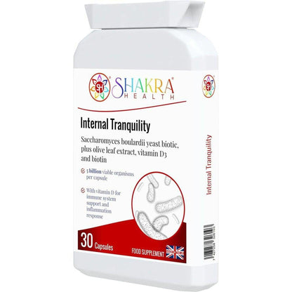 White plastic bottle of Shakra Health Internal Tranquility probiotic capsules with a red and white label.