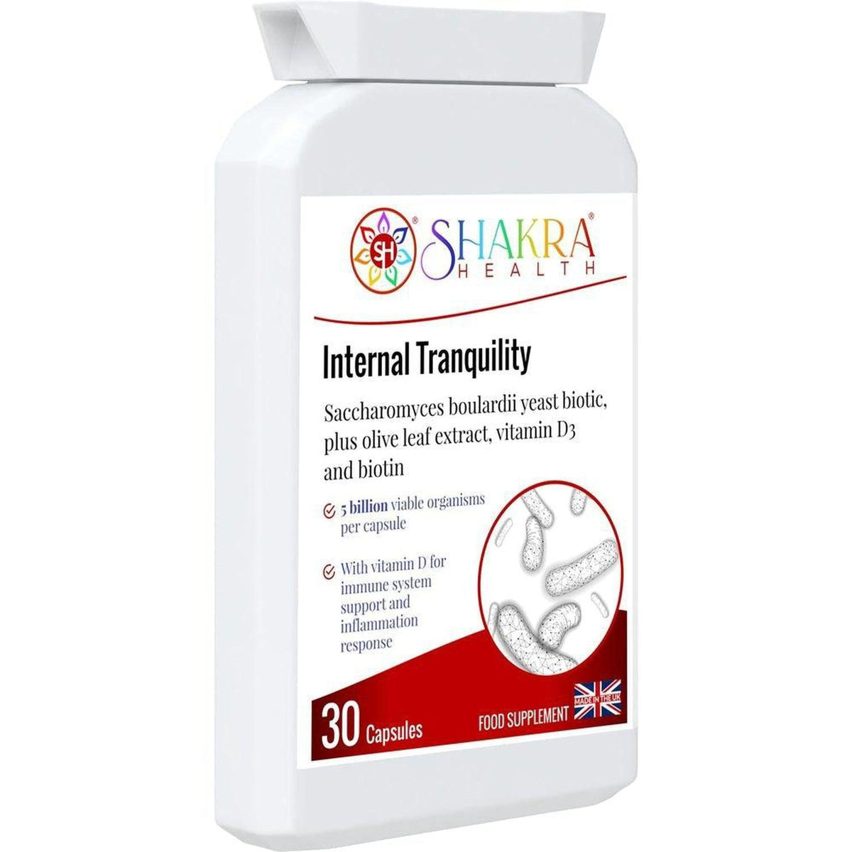 White bottle of Shakra Health Internal Tranquility probiotic capsules with a colorful logo and 30-capsule label.