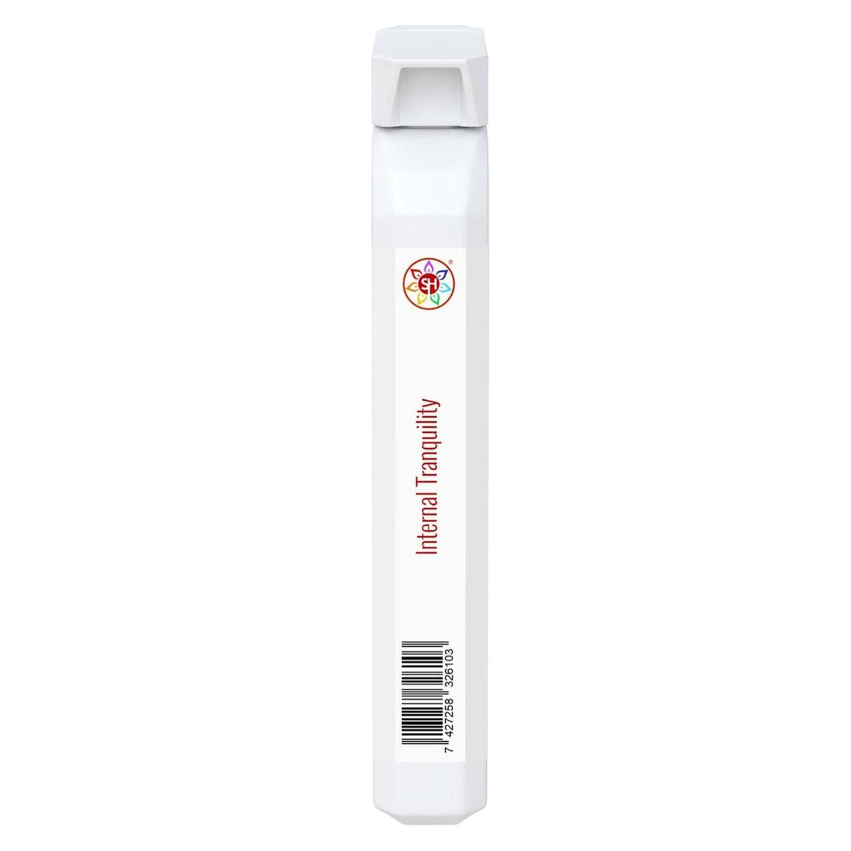 White, slim, rectangular Internal Tranquility supplement stick pack with a colorful logo and barcode on the front.