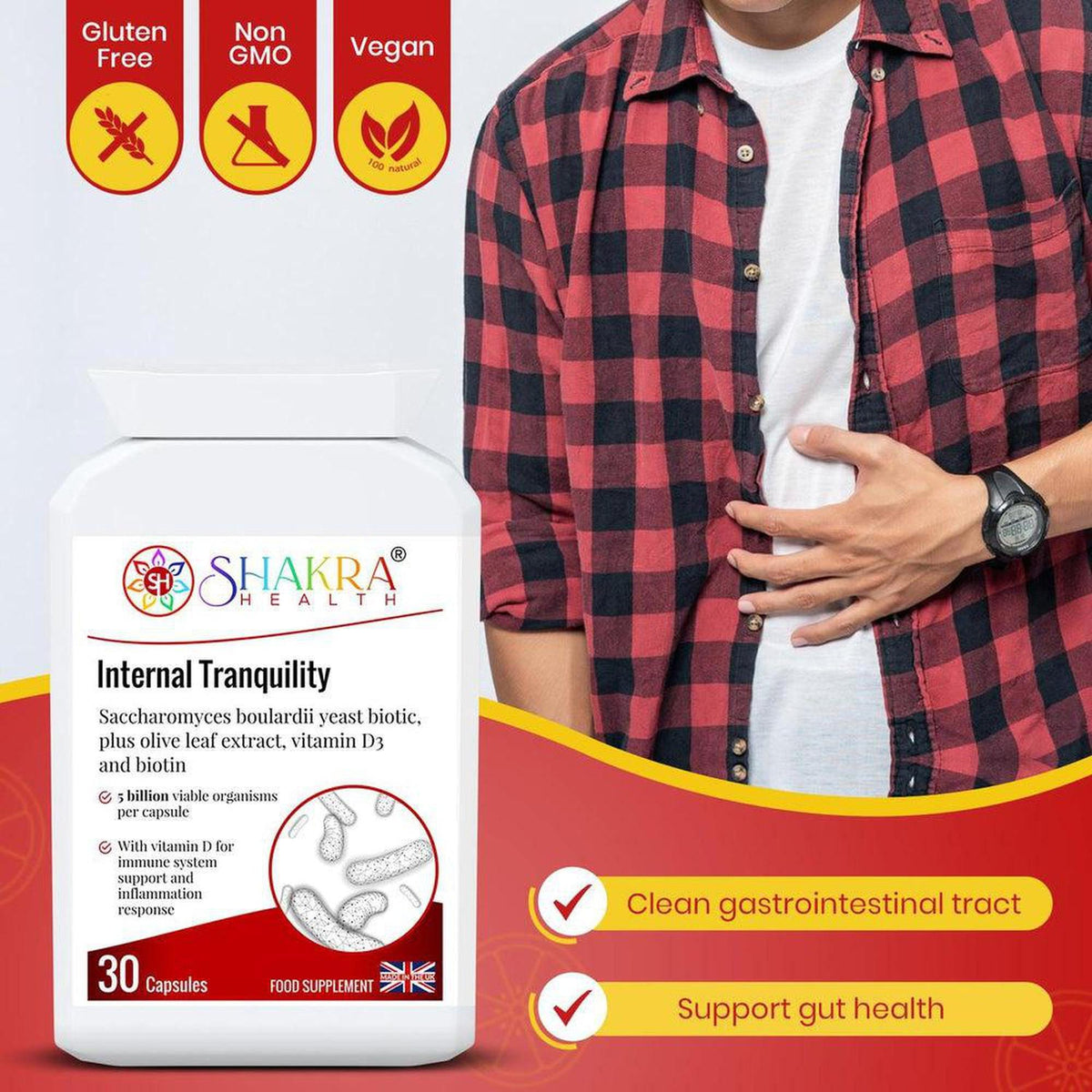 White bottle of Shakra Health Internal Tranquility capsules next to a man holding his stomach, with dietary icons above.