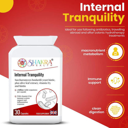 White bottle of Internal Tranquility probiotic capsules with red branding, icons for metabolism, immunity, and digestion.