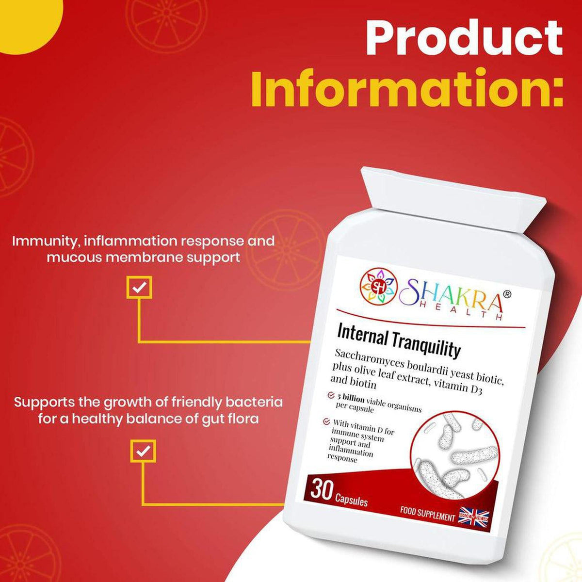 White bottle of Internal Tranquility probiotic capsules with red background and text highlighting gut health benefits.