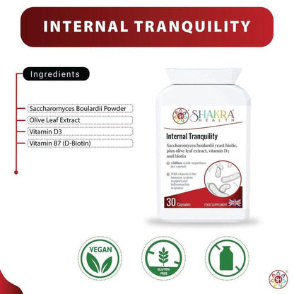 White bottle of Internal Tranquility probiotic capsules with ingredient list, vegan and gluten-free icons on white background.