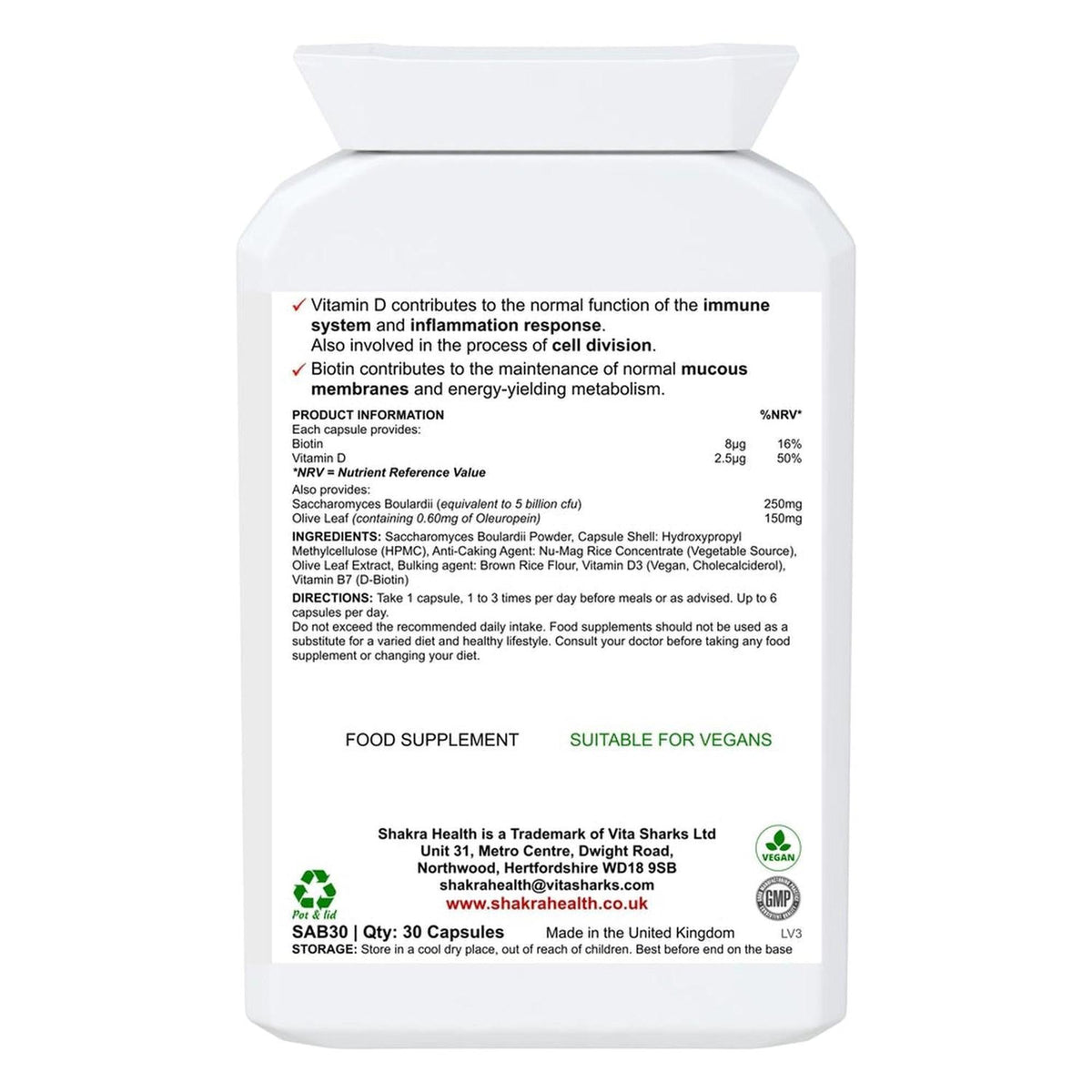 White plastic supplement bottle showing a detailed product information label with ingredients, directions, and vegan certification.