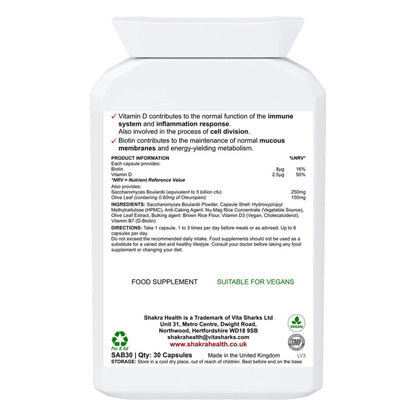 White plastic supplement bottle showing a detailed product information label with ingredients, directions, and vegan certification.