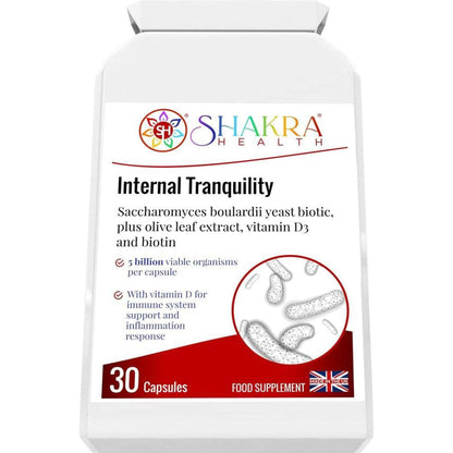 White bottle of Shakra Health Internal Tranquility probiotic capsules with a label featuring a microscopic yeast illustration.