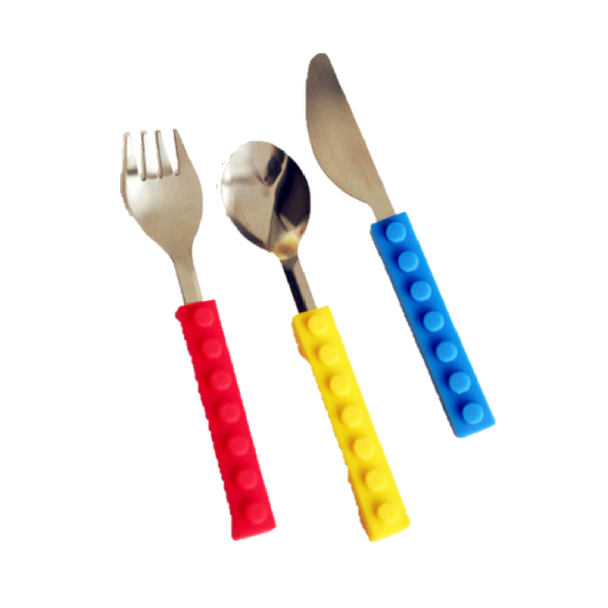 Kids' stainless steel fork, spoon, and knife set with colorful, interlocking silicone building block handles.