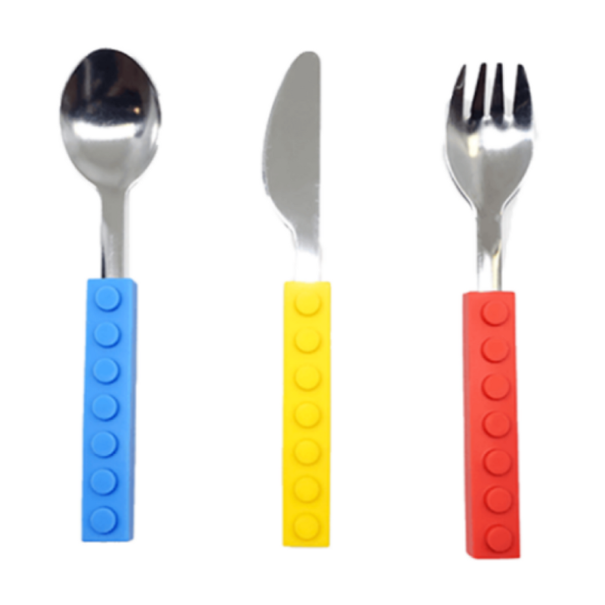Stainless steel spoon, knife, and fork set with colorful, interlocking silicone building block handles for kids.