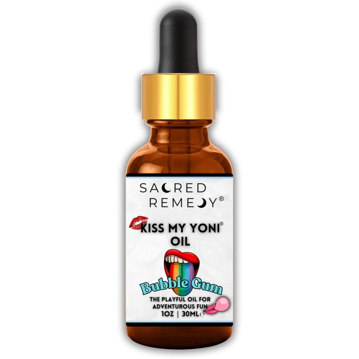 Amber glass dropper bottle of Kiss My Yoni Oil in Bubblegum with a gold cap and playful rainbow tongue label design.