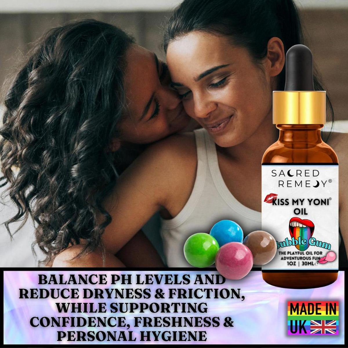 Kiss My Yoni Oil Bubblegum bottle with dropper, colorful gumballs, and a couple embracing, promoting intimate wellness.