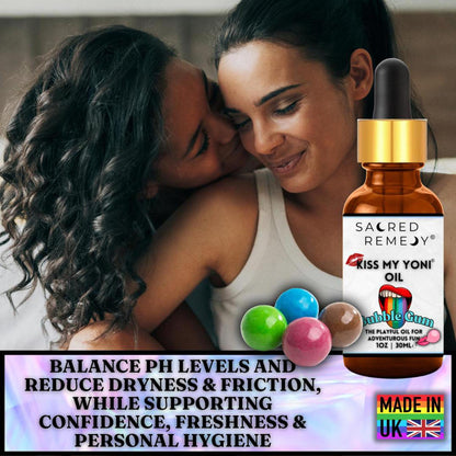 Kiss My Yoni Oil Bubblegum bottle with dropper, colorful gumballs, and a couple embracing, promoting intimate wellness.