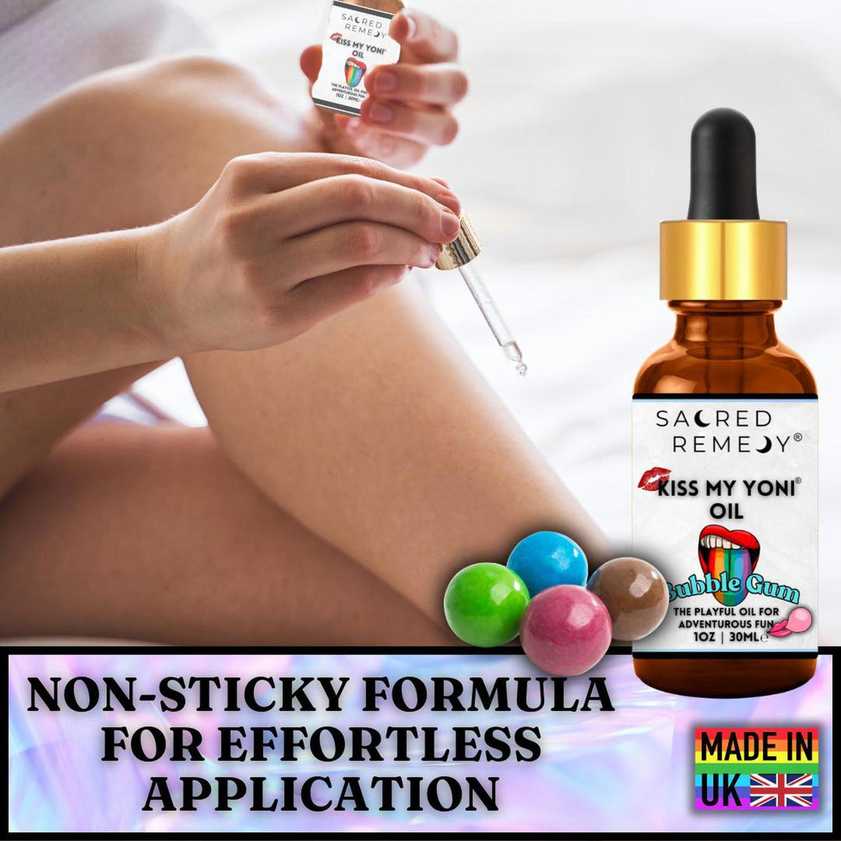 Amber glass dropper bottle of Kiss My Yoni Bubblegum oil with colorful gumballs and a person applying the product.