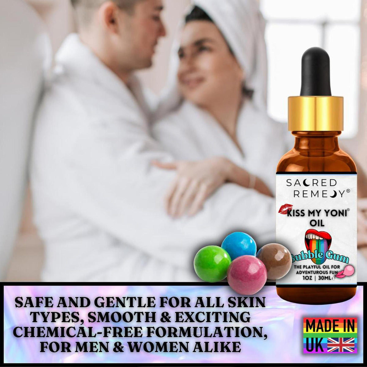 30ml amber glass bottle of Bubblegum Yoni Oil with a dropper, featuring colorful gumballs and a blurred couple in the background.