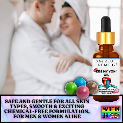 30ml amber glass bottle of Bubblegum Yoni Oil with a dropper, featuring colorful gumballs and a blurred couple in the background.