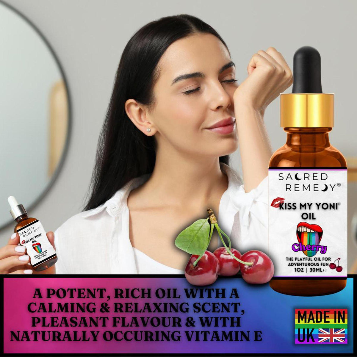 Woman smelling cherry-scented Kiss My Yoni oil in a 30ml amber dropper bottle with botanical label design.