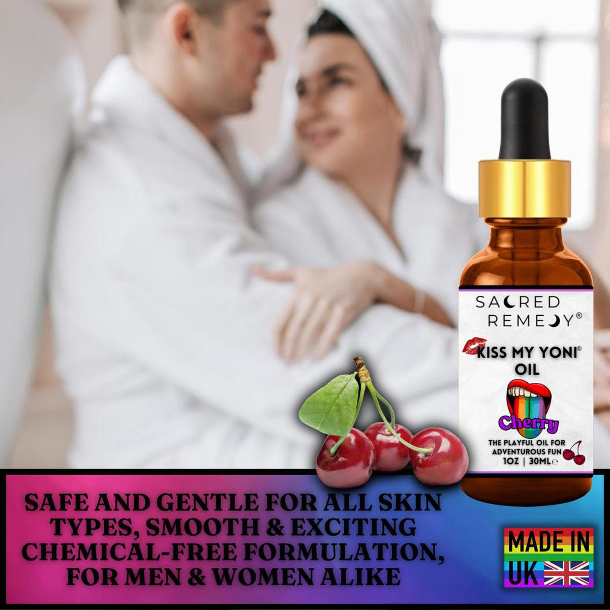 Amber glass dropper bottle of Kiss My Yoni Cherry oil with a label featuring red lips and fresh cherries.
