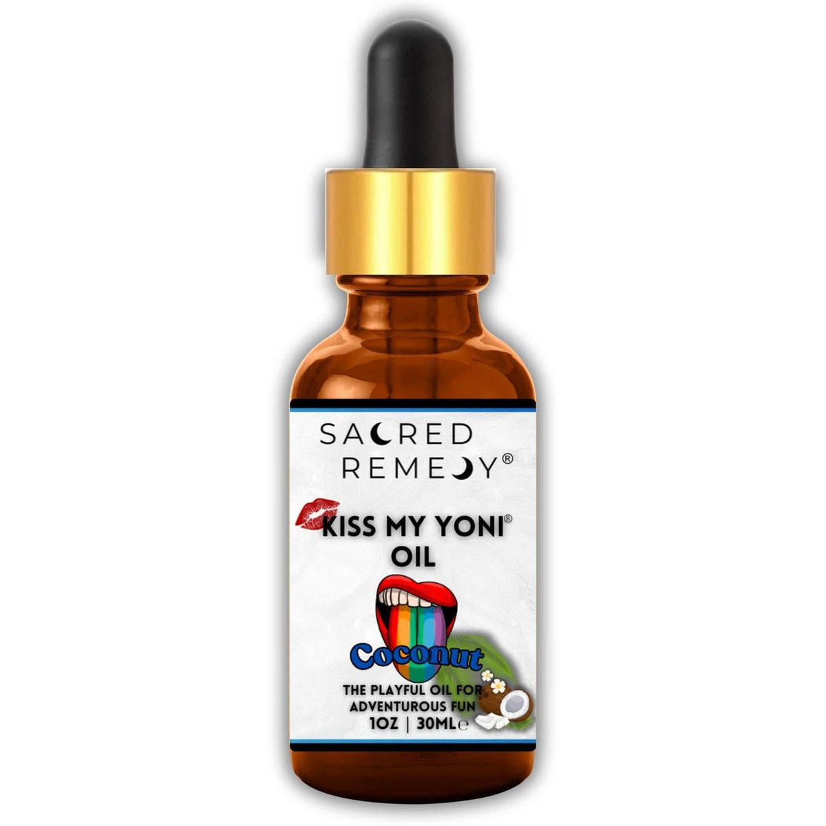 Amber glass dropper bottle of Kiss My Yoni Coconut Oil with a gold cap and a label featuring a rainbow tongue graphic.