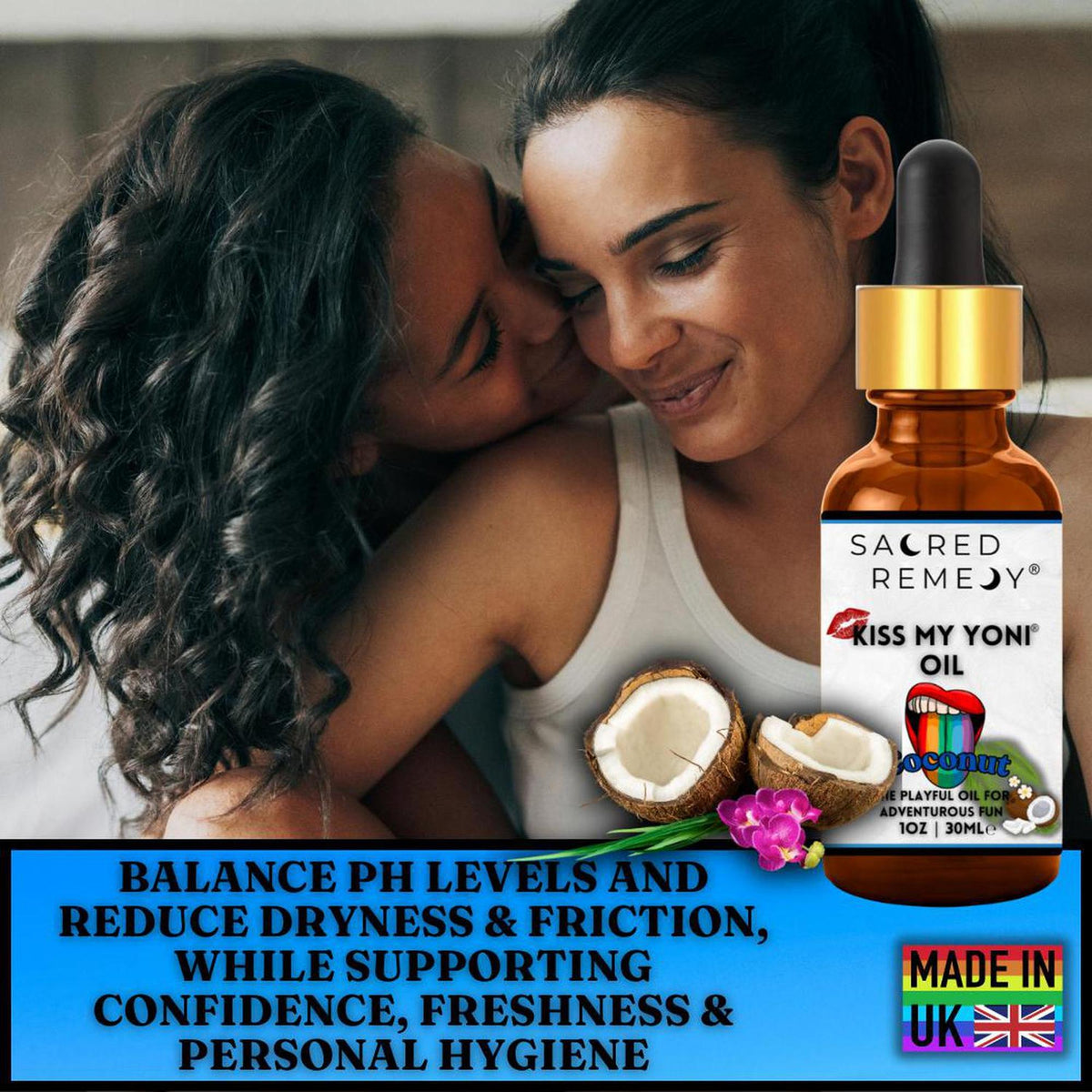 Amber glass bottle of Kiss My Yoni Coconut Oil with a dropper, featuring a tropical label and fresh coconut halves.