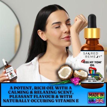 Woman smelling Kiss My Yoni Coconut oil in a 30ml amber glass dropper bottle with tropical coconut and flower accents.