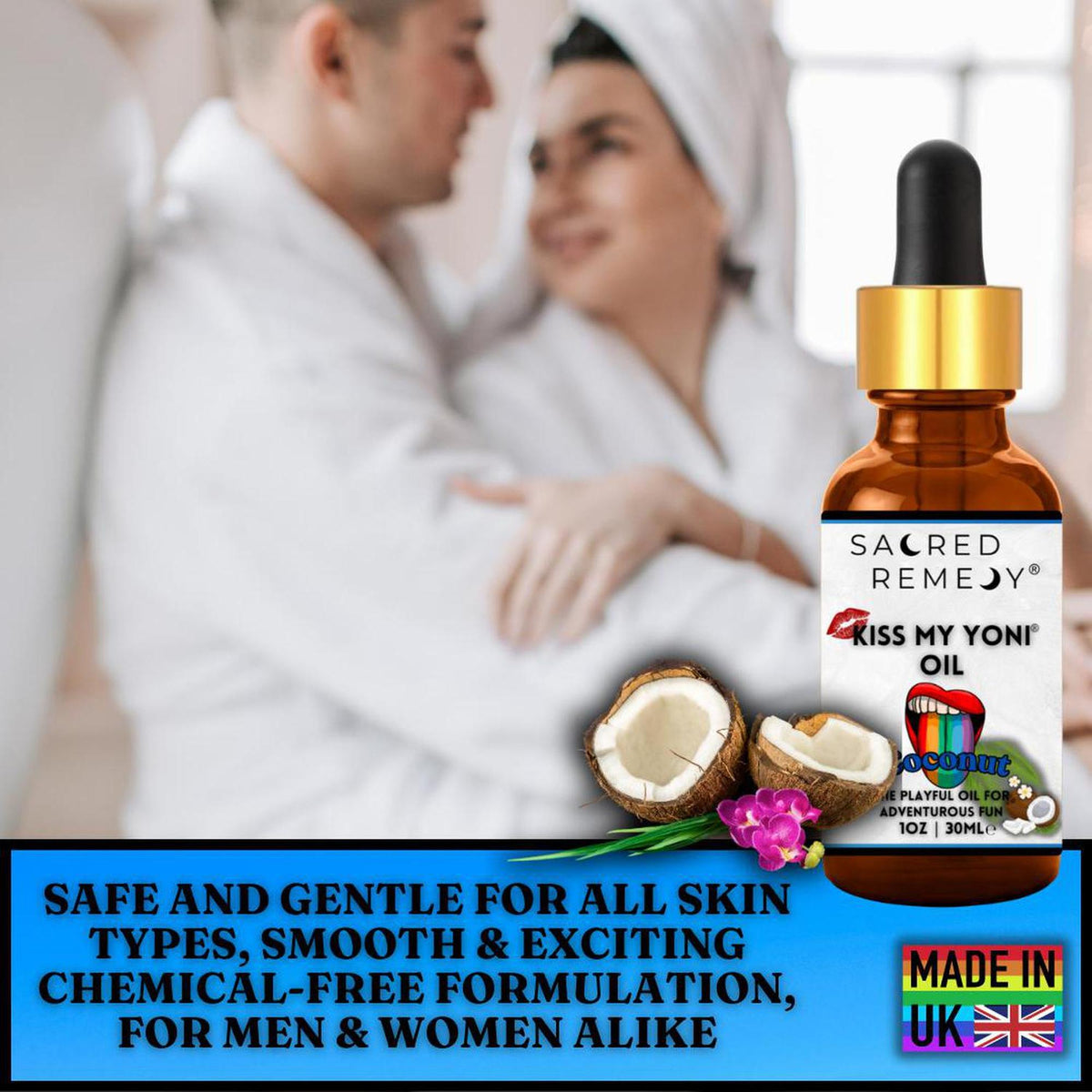 Amber glass dropper bottle of Kiss My Yoni Coconut Oil with fresh coconut and orchid accents against a blurred couple background.