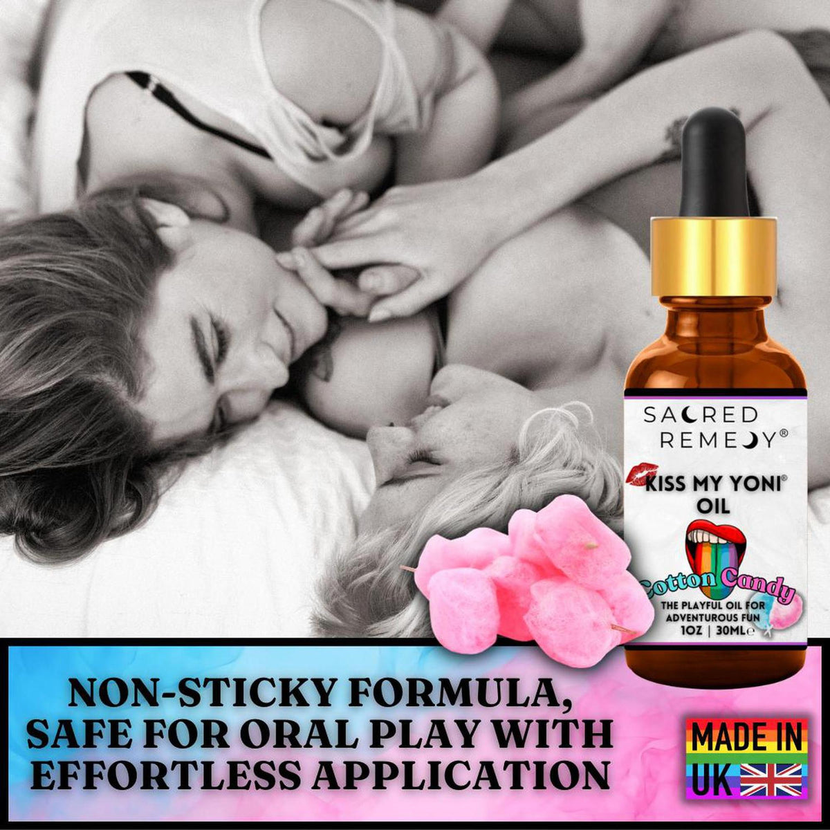 30ml amber glass bottle of Kiss My Yoni Oil in Cotton Candy scent with a dropper, featuring pink cotton candy accents.