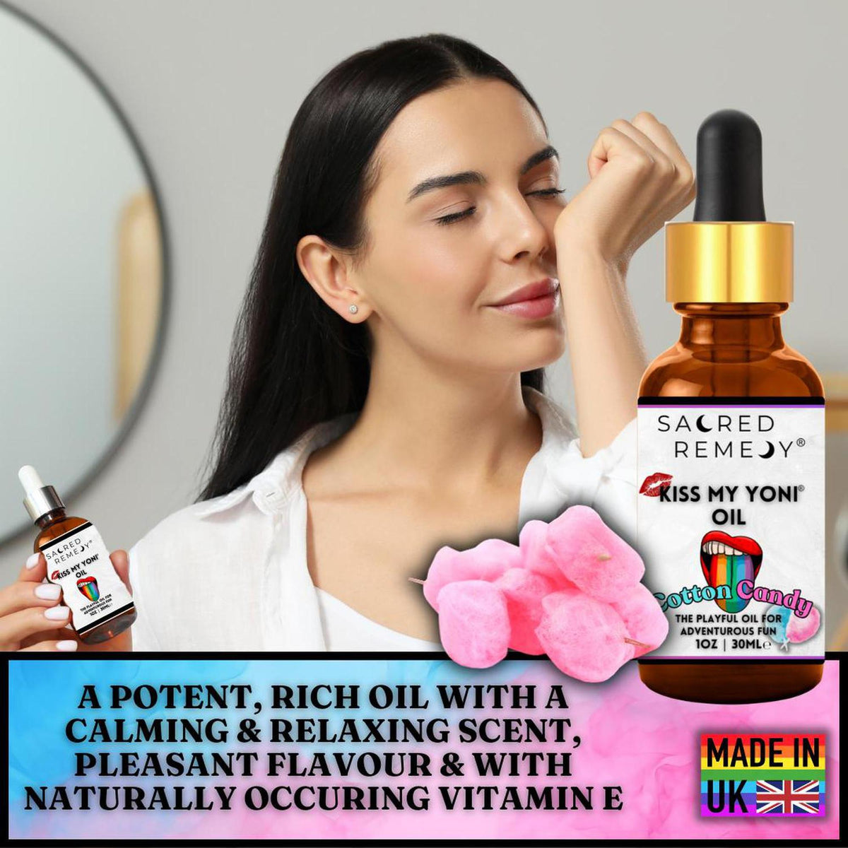 Woman smelling Kiss My Yoni Oil in Cotton Candy scent, featuring a 30ml amber glass dropper bottle with botanical label.