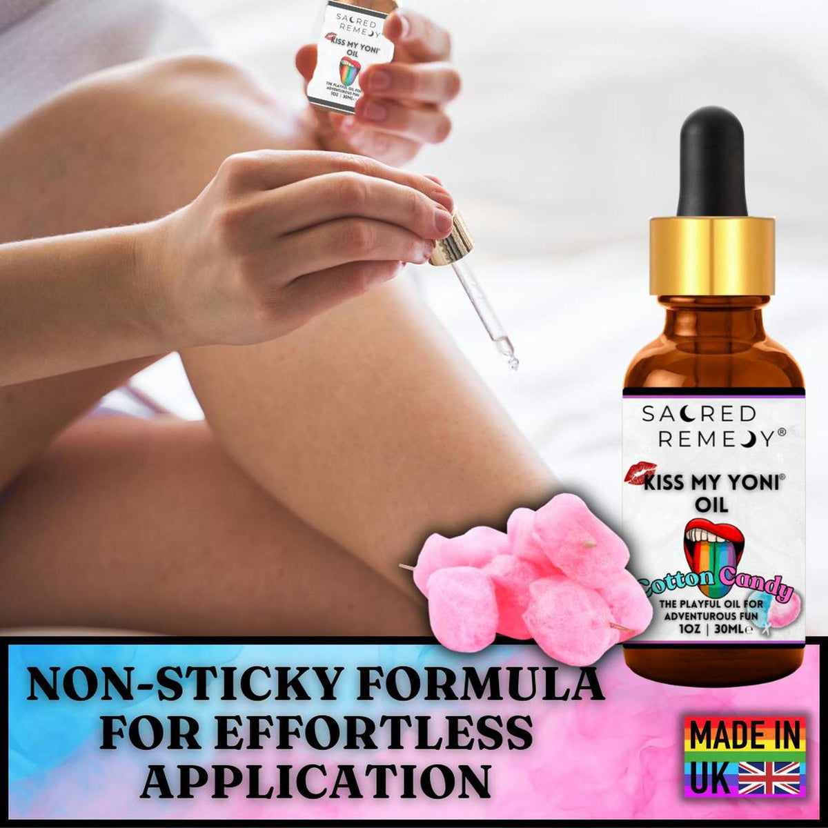 Amber glass dropper bottle of Sacred Remedy Cotton Candy Yoni Oil with pink cotton candy and a person applying the oil.