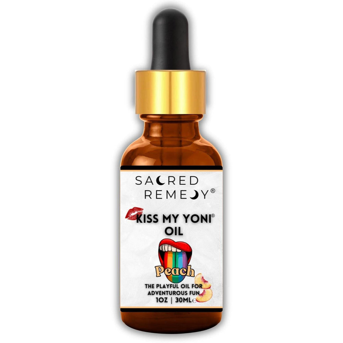 30ml amber glass dropper bottle of Kiss My Yoni Peach oil with a white label featuring a rainbow tongue graphic.