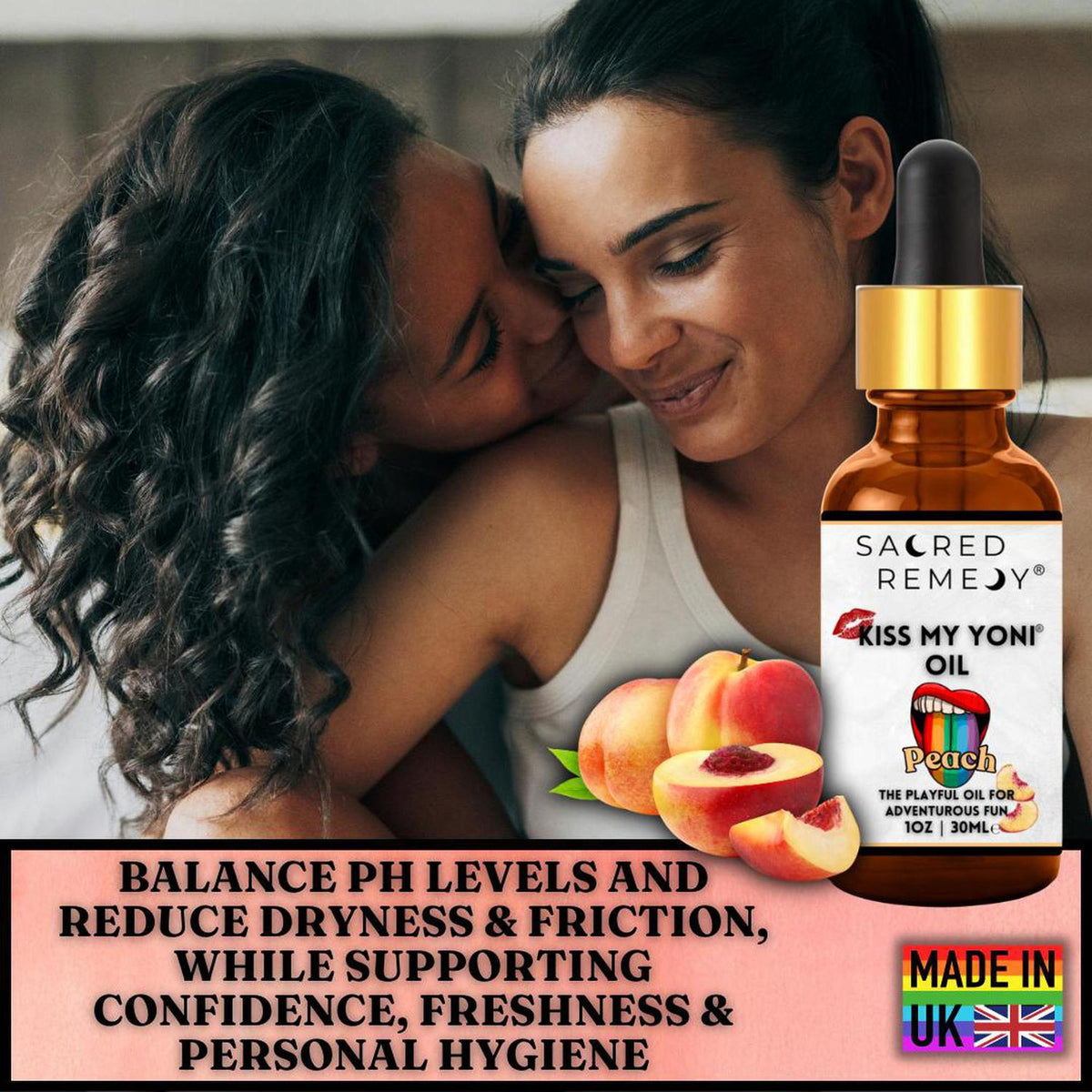 Amber glass dropper bottle of Kiss My Yoni Peach oil with fresh peach fruit, set against a background of two women.