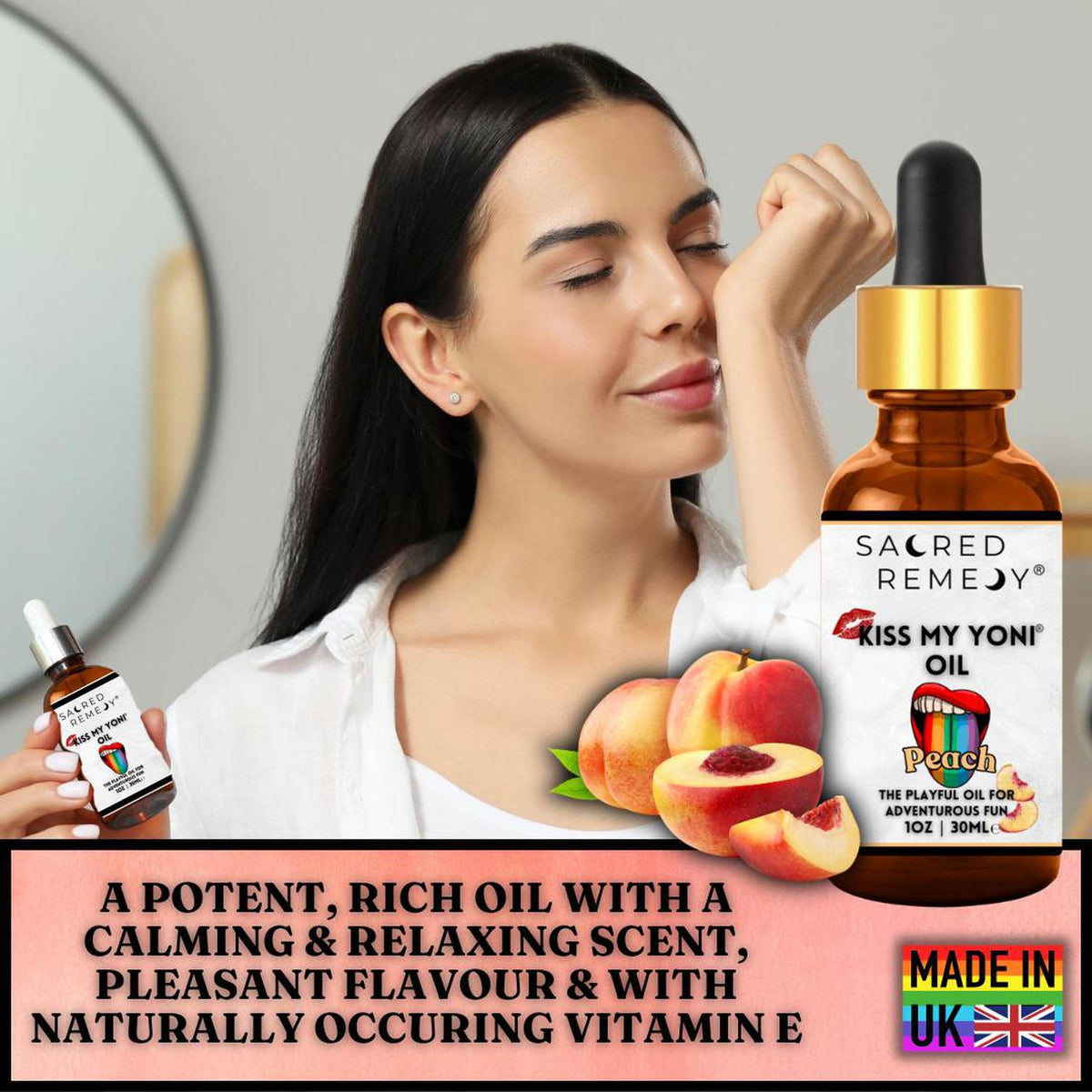 Woman smelling Kiss My Yoni Peach oil in a 30ml amber glass dropper bottle with botanical label and fresh peach fruit.