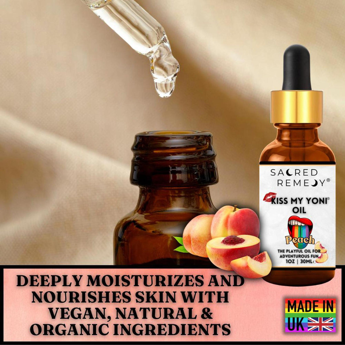 Amber glass bottle of Kiss My Yoni Peach oil with a dropper, fresh peaches, and text highlighting organic ingredients.
