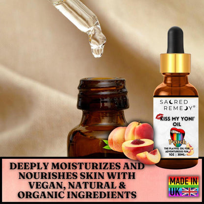Amber glass bottle of Kiss My Yoni Peach oil with a dropper, fresh peaches, and text highlighting organic ingredients.