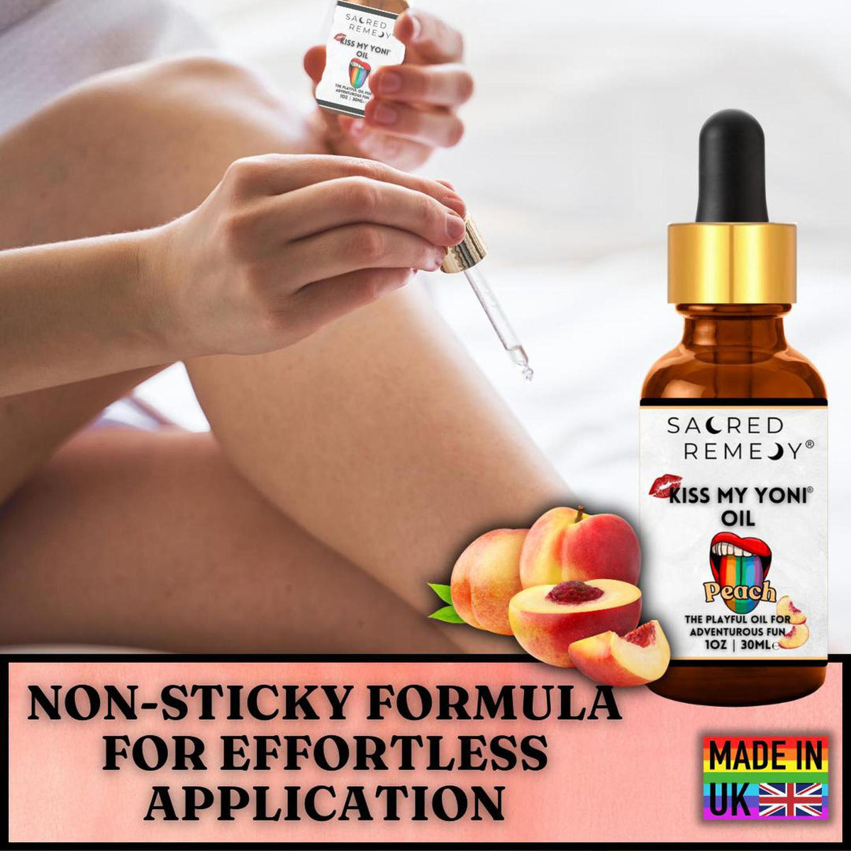 Amber glass dropper bottle of Kiss My Yoni Peach oil with fresh peaches and a woman applying the oil on her skin.