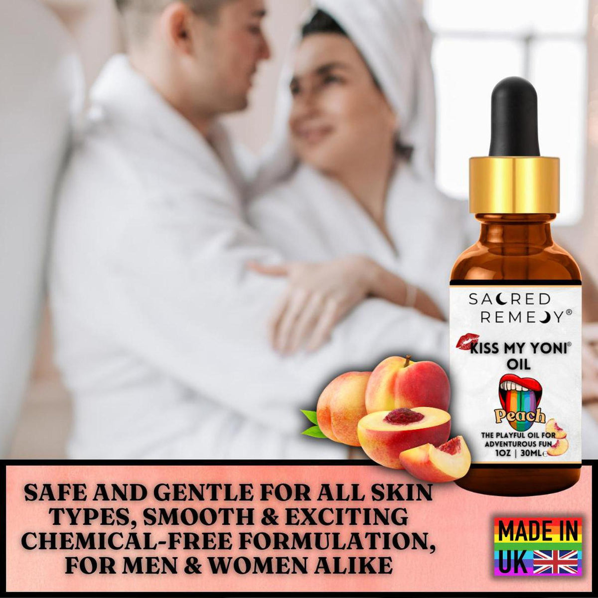 Amber glass dropper bottle of Kiss My Yoni Peach oil with fresh peach fruit accents against a blurred couple background.