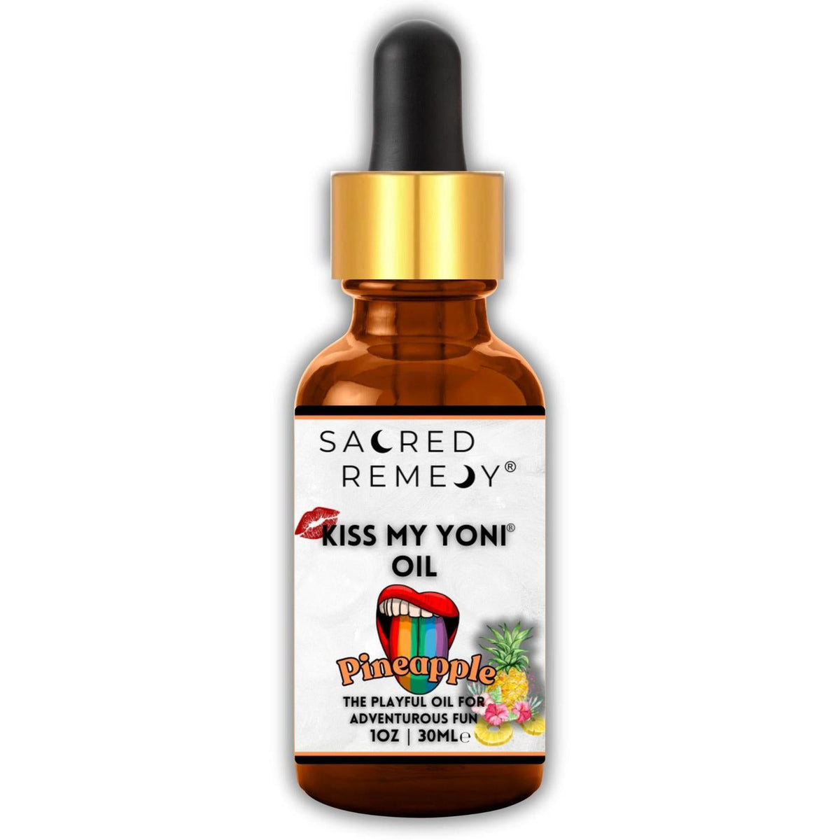 Amber glass dropper bottle of Kiss My Yoni Pineapple oil with a vibrant rainbow tongue and pineapple label design.