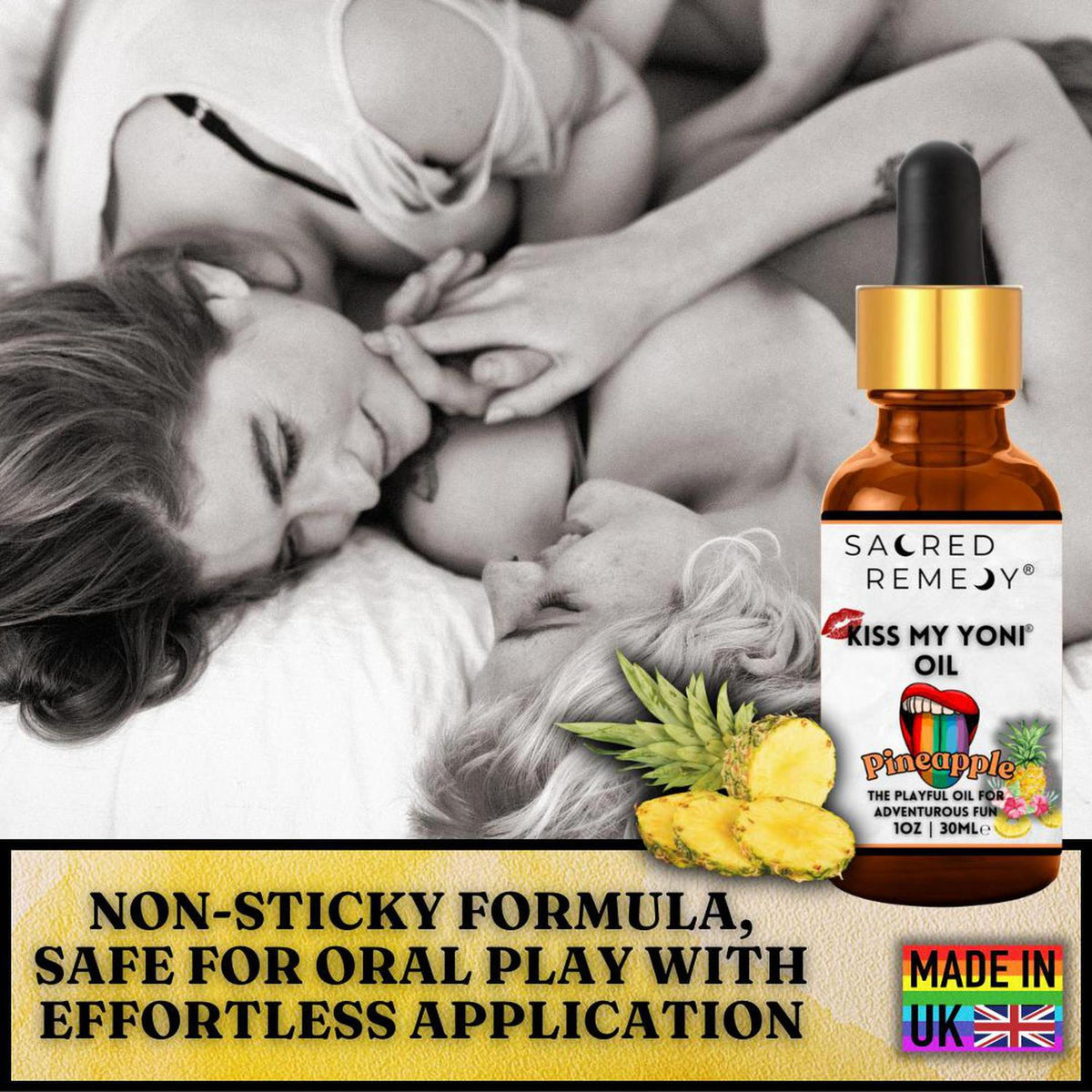 Amber glass dropper bottle of Kiss My Yoni Pineapple oil next to a couple, featuring a label with pineapple and lip graphics.