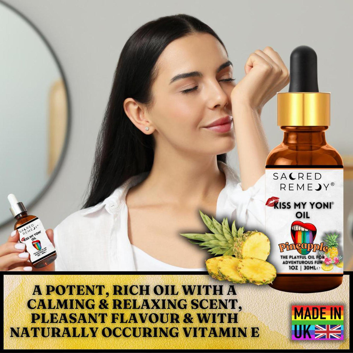 Woman smelling Kiss My Yoni Pineapple oil in a 30ml amber glass dropper bottle with botanical label design.