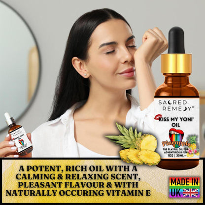 Woman smelling Kiss My Yoni Pineapple oil in a 30ml amber glass dropper bottle with botanical label design.