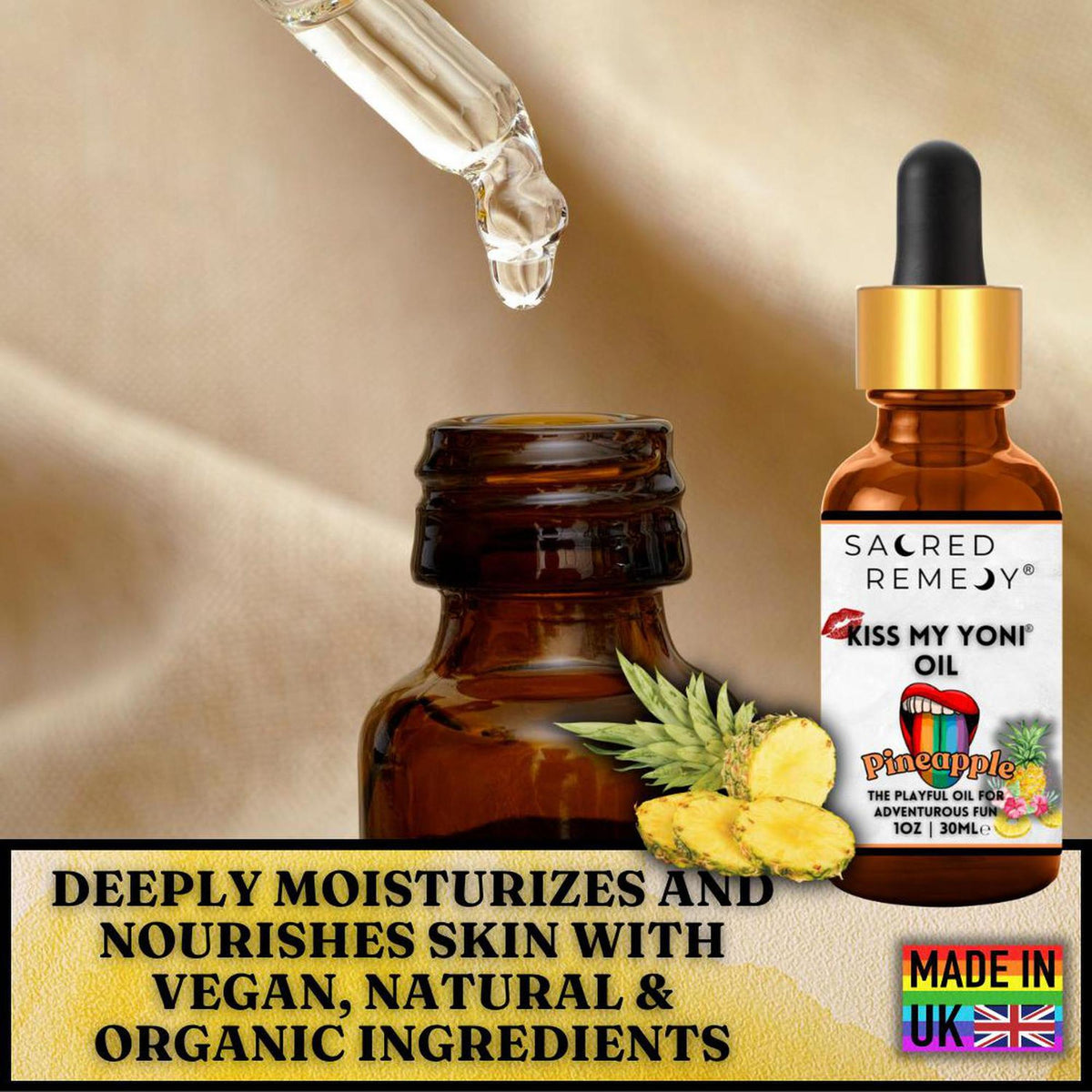 Amber glass dropper bottle of Kiss My Yoni Pineapple oil with fresh pineapple slices on a soft beige background.