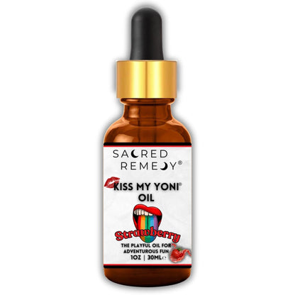 30ml amber glass dropper bottle of Kiss My Yoni Oil with a strawberry-themed label and gold cap.